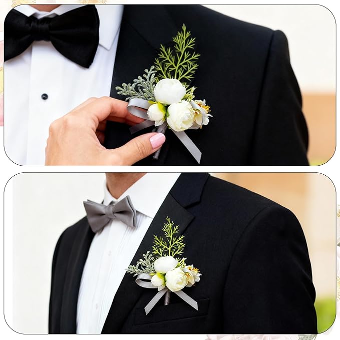 Sibba Wedding Flower Pocket Boutonniere for Men White Groom Boutonniere Artificial Rose Flowers Boutonnieres Groom Rose Prom Suit Decoration for Wedding Ceremony Anniversary Formal Dinner Party Prom