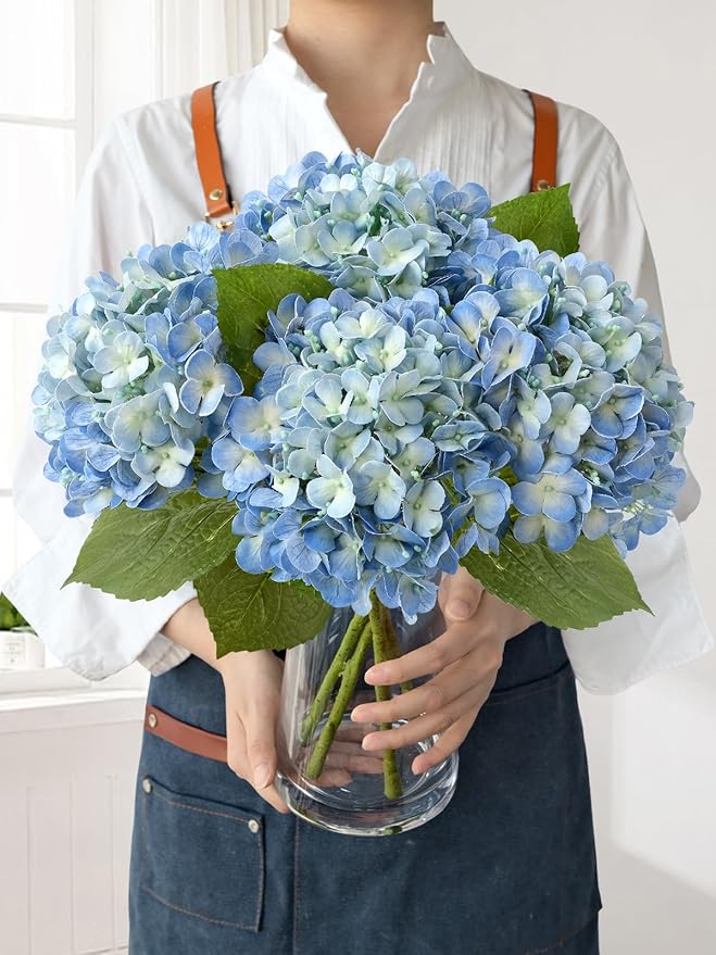 Blue Faux Hydrangea Flowers for Decoration,4Pcs 20" Real Touch Lifelike Faux Flowers, Full Fake Artificial Hydrangeas with Stems for Bouquet Table Centerpieces Spring Home Decoration