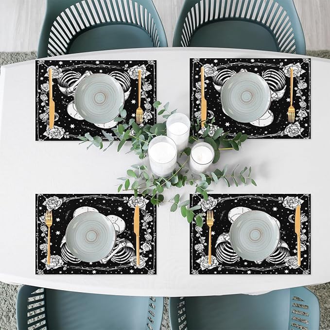Halloween Skull Goth Flower Placemats Set of 4 PVC Vinyl Non Slip Table Mats Heat Resistant Place Mats Washable Wipeable Dining Table Mat for Kitchen Decor Party Indoor Outdoor Decorative Gift