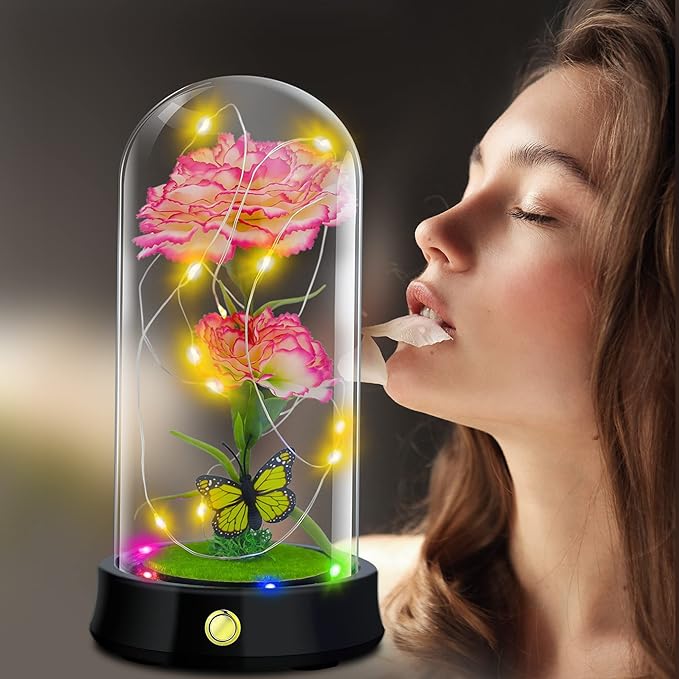 QUELIEN Christmas Carnation Flowers Gifts for Mom,Pink Artificial Carnation in Glass Dome with Led Light for Mother's Day,Birthday,Christmas