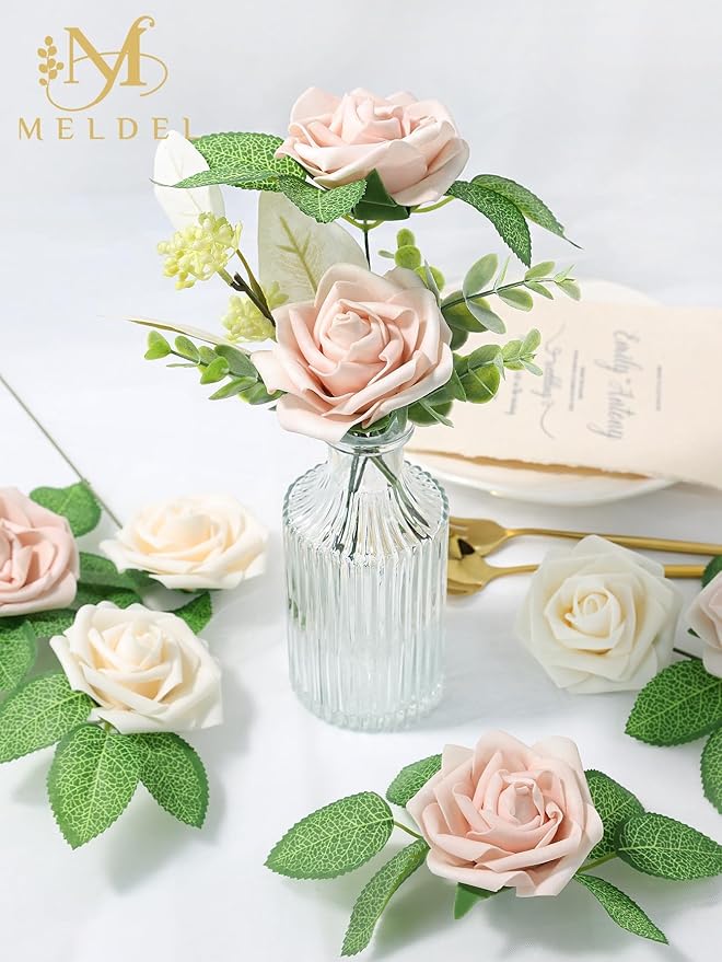Meldel Artificial Flower 25pcs Real Looking Pink Fake Foam Roses with Stems for DIY Wedding Bouquets Gifts Bridal Shower Faux Floral Centerpieces Arrangements Home Party Tables Decorations