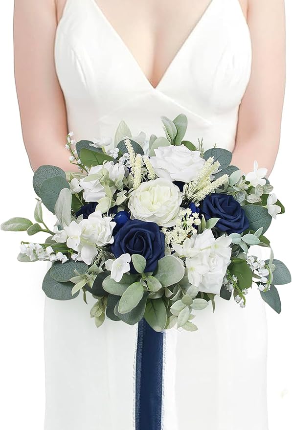 Rinlong 11.8" Wide Navy Blue Wedding Bouquets for Bride Blue White Bridal Bouquet for Wedding Artificial Flowers Bouquets