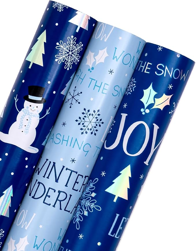 WRAPAHOLIC Christmas Wrapping Paper Roll - Mini Roll - 3 Rolls - 17 Inch x 120 Inch Per Roll - Blue and White Winter Wondland, Snowflake, Snowman Holiday Collection with Metallic Foil Shine