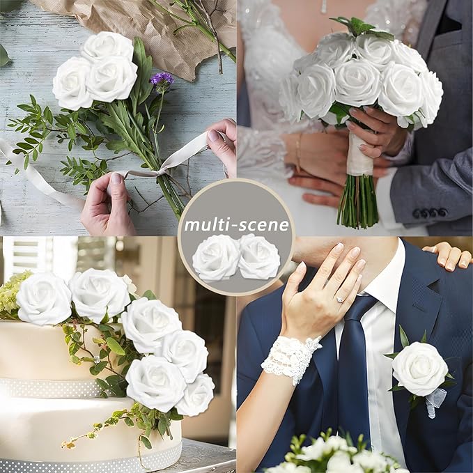 Artificial Flowers White Roses 100PCS Real Looking Foam Fake Roses with Leaves and for DIY Wedding Bouquets Bridal Shower Centerpieces Party Decorations (White, 100)