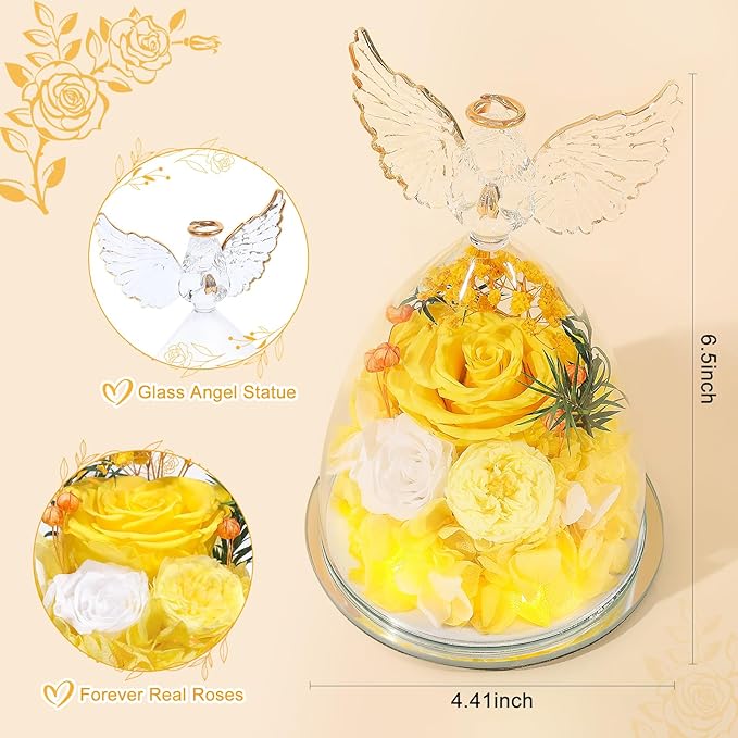 FIACO Gifts for Women Preserved Rose Forever Flower in Glass Angel Figurine Fresh Flowers for Delivery Mothers Day Birthday Gifts for Mom Grandma Wife Sister Yellow