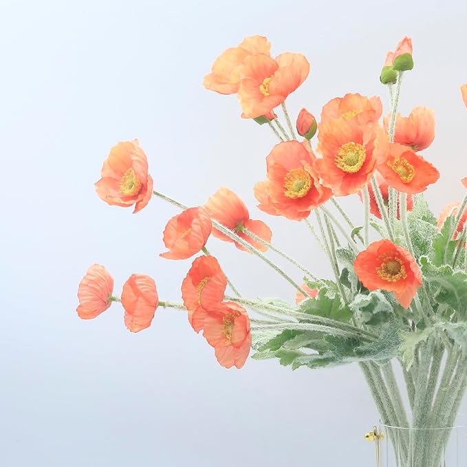2 Pcs Artificial Fake Flowers Plants Poppies Silk Flower Arrangements Wedding Bouquets Decorations Plastic Floral Table Centerpieces for Home Kitchen Garden Party Decor Approx 23.6" High - Dark Coral
