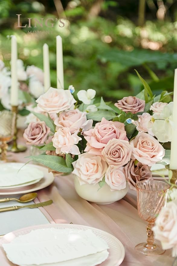 Ling's moment Dusty Rose Artificial Flowers 16pcs Faux Silk Roses with Stems Real Look, 3.5" Fake Vendela Roses Bulk for DIY Wedding Bouquets Centerpieces Party Baby Shower Home Decoration