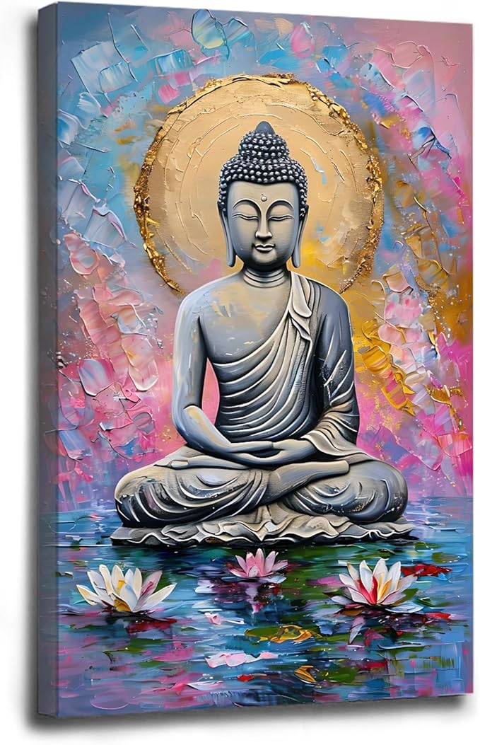 Lotus and golden Buddha meditation tranquil zen wall art mindfulness wall art for spiritual harmony and tranquility decor 8x12in Wood Framed