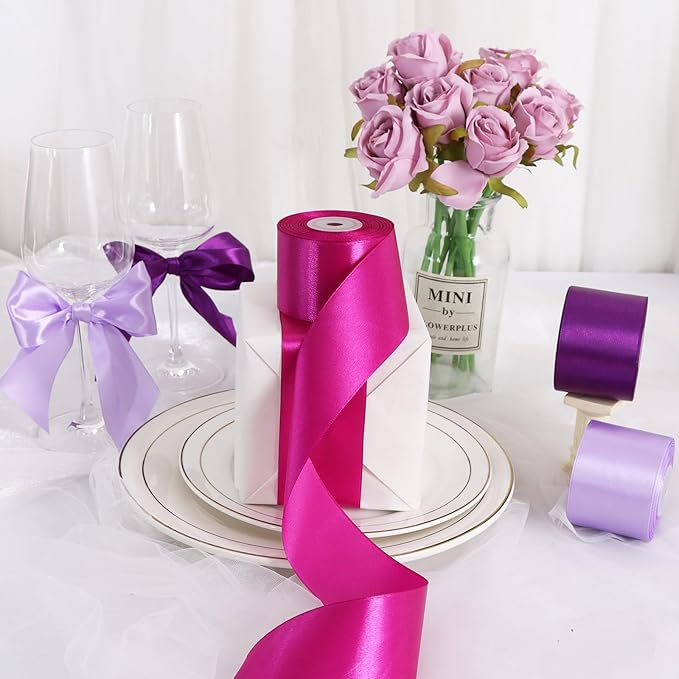 TONIFUL 2 Inch x 25 Yards Wide Purple Violet Satin Ribbon Solid Fabric Ribbons Roll for Valentine's Day Crafts Gift Wrapping Invitation Cards Floral Hair Bows Sewing Party Wedding Car Decoration