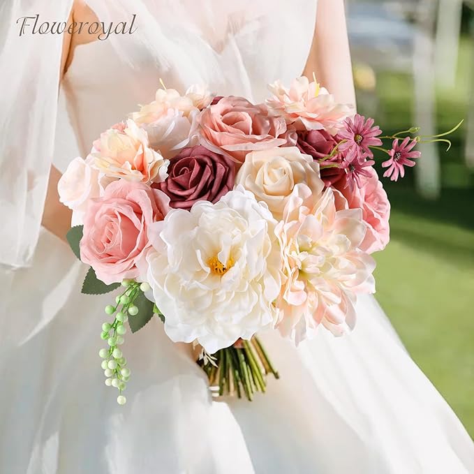 Floweroyal Artificial Flowers Combo Pink Flowers Mix Silk Flowers Dahlia Roses with Stems for DIY Wedding Bridal Bouquets, Baby Shower, Floral Arrangement, Table Centerpieces, Home Decorations