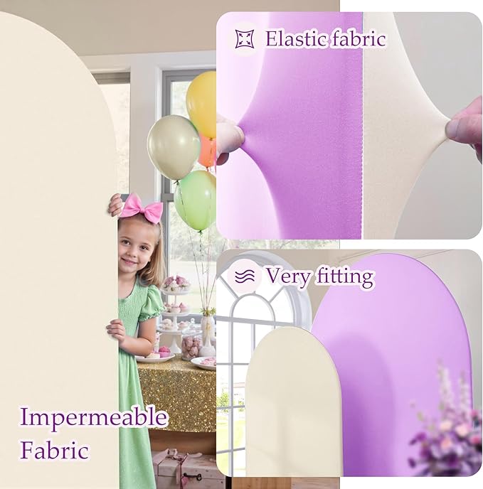Ivory Purple Arch Backdrop Cover Set of 2-7.2ft 6ft Dual Color Wedding Arch Cover-Wrinkle Free Stretchy Spandex Cream Lavender Fitted Chiara Arch Stand Cover for Birthday Party Photo Photography