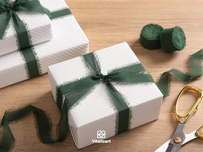 Vitalizart Dark Green Chiffon Silk Ribbon 1" x 21 Yd Fringe Fabric Package (3 Rolls * 7 Yd) for Wedding Invitations Bridal Bouquets Decorations Gifts Wrapping & Bow Making
