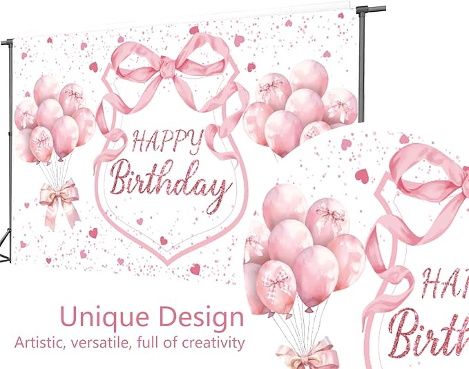 Pink Coquette Birthday Backdrop Decorations Pink Bows and Glitter Balloons Theme Background for Girls Women, Romantic Party Photo Banner for Bachelorette Birthday Decor 7x5ft