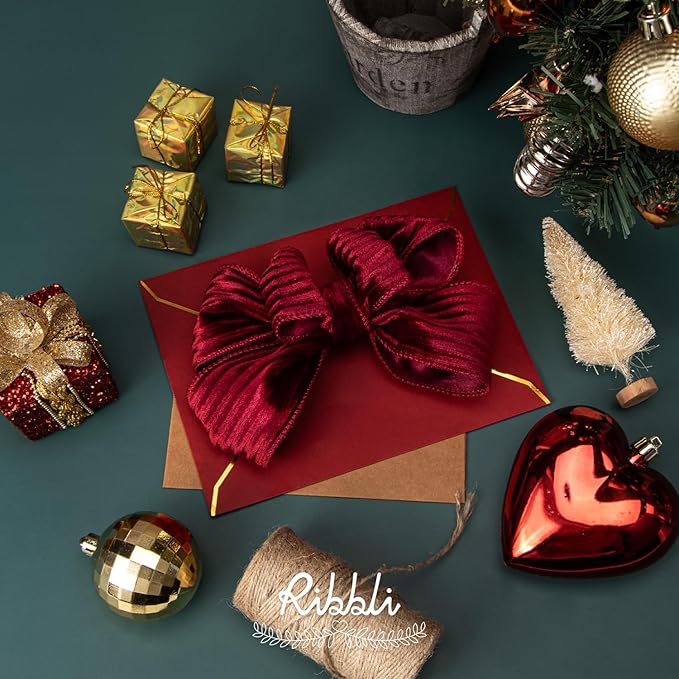 Ribbli Glossy Dark Red Velvet Wired Ribbon 2.5 Inch Striped Velvet Christmas Ribbon for Gift Wrapping Christmas Tree Decoration Crafts Wreaths Supplies-Continuous 10 Yards