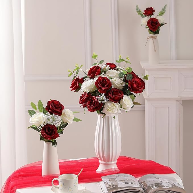 Nubry 24pcs Artificial Silk Roses Bulk,Fake Roses Flower with Stems Realistic Flowers for Wedding Centerpiece Home Party Decor(Burgundy)