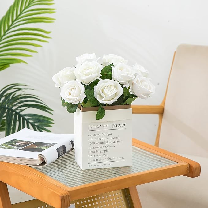 Hawesome Fake Roses Artificial Silk Flowers - 12 Pcs White Roses Artificial Faux Flowers with Stems for Home Wedding Centerpiece Hotel Office Decor