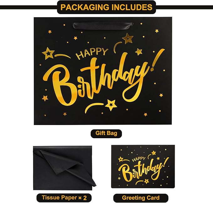 ASYEHJNR 13" Large Size Black Gold Birthday Gift Bag Twinkle Star with Metallic Gold Happy Birthday Sign Gift Bag with Greeting Card and Tissue Paper for Girls Boy Women Men Bday Supplies