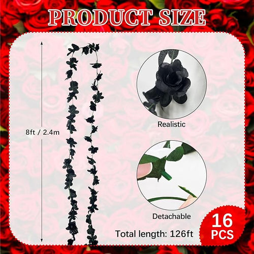 16Pcs 126Ft Black Rose Garland, Fake Rose Hanging Flowers, Artificial Flower Vine, Hanging Floral Vine Garland for Wedding, Birthday Party, Wall Arch, Halloween, Christmas Garden Backdrop Decor