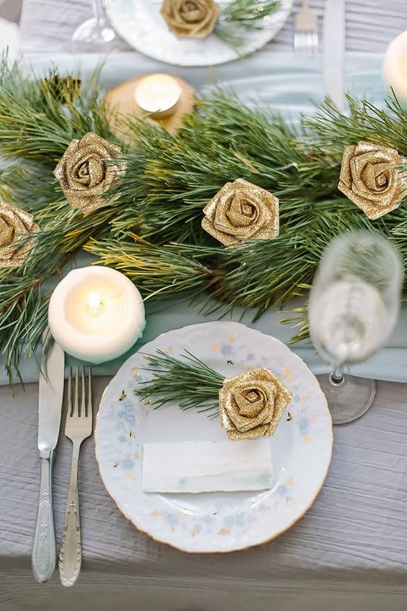 30 PCS Gold Artificial Flowers Glitter Roses Artificial Roses 2.17 in Foam Fake Flowers with Stem for Wedding Home Party DIY Bridal Bouquet Centerpieces Decor(Gold)