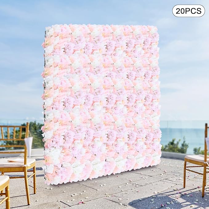 20 PCS Artificial Flower Wall Panel,Each Panel 24" x 16"3D Silk Rose Hydrangea Floral Backdrop,Handmade Eco-Friendly Flower Wall Photo Backdrop Decor (type4)