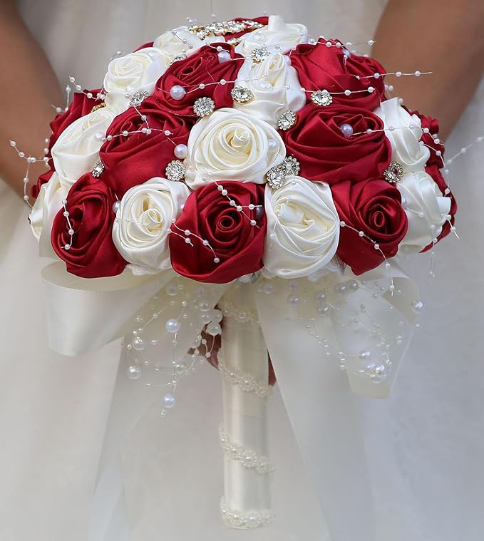 Bridal Wedding Bouquet Round Bling Brooch Bouquet Throw Toss Artificial Rose Flower Bunch for Bride Bridesmaid Wedding Quinceanera(Ruby Red & Ivory, 8.7")