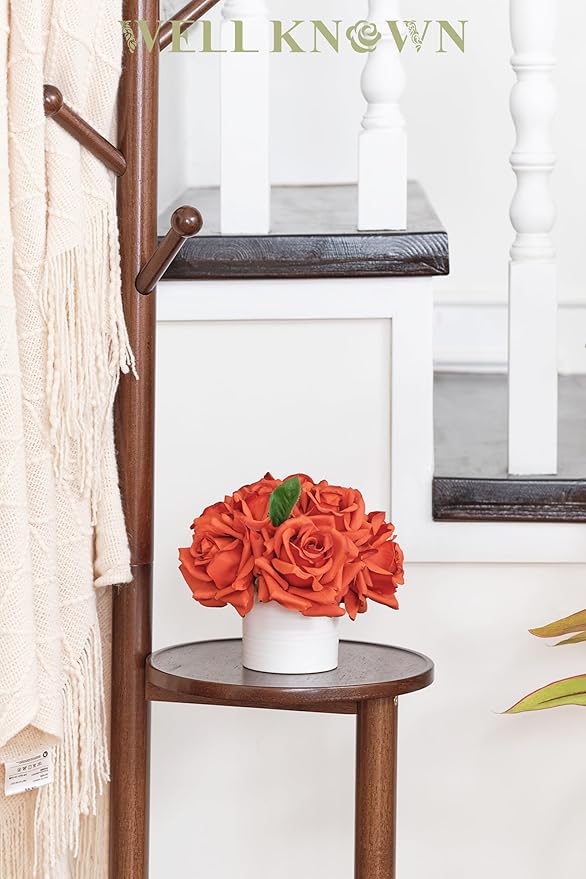 WELL KNOWN Artificial Flowers in Vase, Silk Rose Arrangement Mini Potted Realistic Fake Flowers with Ceramic Vase for Wedding Vanity Centerpiece Coffee Table Bathroom Anniversary Decor (Burnt Orange)