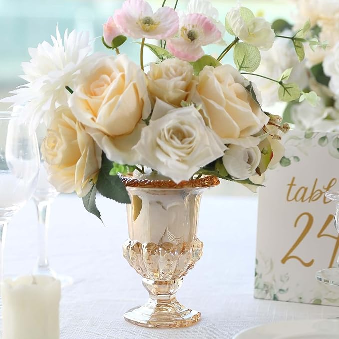 Efavormart 2 Pack Classic Roman Urn Style Amber Glass Flower Vases, Mini Pedestal Vase Table Centerpieces - 6"