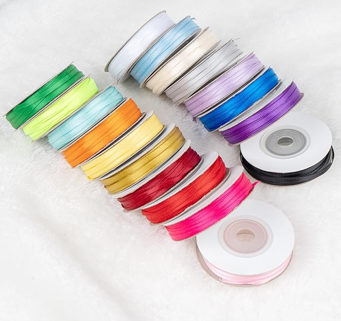 ABSOFINE 18 Colors Double Faced Satin Ribbon Polyester,1/8 inch Solid Fabric Ribbon Roll for Gift Wrapping, DIY Crafts, Wedding Birthday Party Decorations