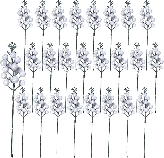24Pack Christmas Picks Glitter Berries Stems Artificial White Berry Branches Holly Picks Stems Christmas Tree Ornaments for DIY Xmas Wreath Crafts Gifts Holiday Home Decor (White)
