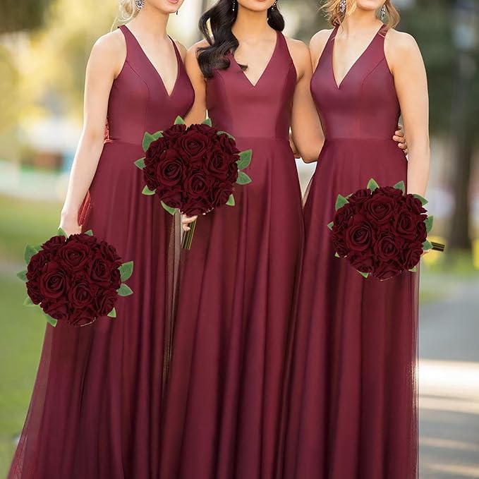 Burgundy Roses 16pcs Velvet Artificial Roses Maroon Flowers 3.15" Silk Roses for Bridal Bouquet Wedding Flowers for Floral Centerpieces Home Party Decor (Burgundy)