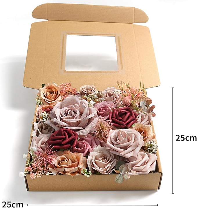 ASTRYAS 39PCS Dusty Rose Artificial Flowers Combo Box Set Fake Roses Flowers Burgundy Brown Faux Flower with Stem for DIY Wedding Bridal Bouquet Table Centerpieces Floral Arrangement Home Decor