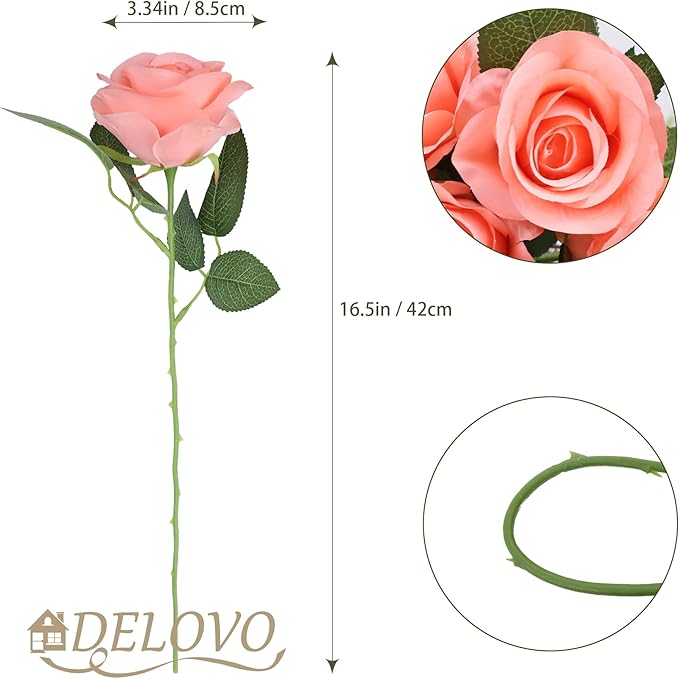 52pcs Coral Peach Roses Artificial Flowers Fake Flowers Silk Roses with Stems for DIY Wedding Bouquets Bridal Shower Centerpieces Arrangements Party Decorations