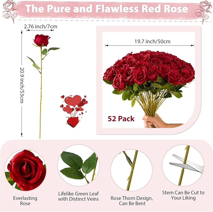 Red Roses Artificial Flowers Bulk, 52Pcs Fake Roses Flower Arrangement, DIY Silk Flowers Roses Bouquet, Realistic Faux Artificial Roses for Mother's Day Home Table Decor