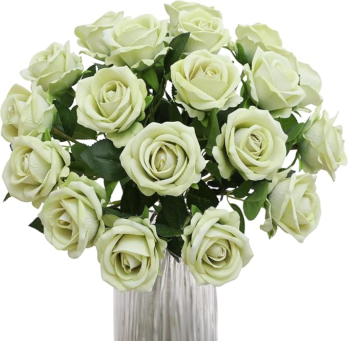 Hawesome Fake Roses Artificial Silk Flowers - 12 Pcs Green Roses Artificial Faux Flowers with Stems for Home Wedding Centerpiece Hotel Office Decor