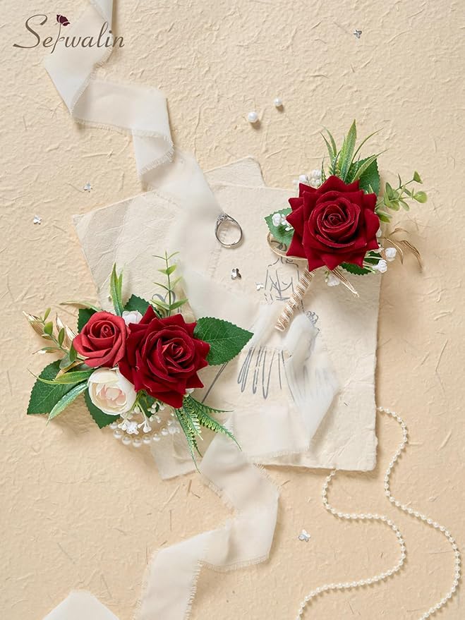 Serwalin Red Rose Corsage and Boutonniere Set, Boutonniere for Men and Wrist Corsage Wristlet Prom Homecoming Wedding Flowers Accessories Party Suit Decorations (red)