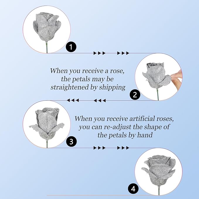 30PCS Silver Roses Artificial Flowers Fake Glitter Roses Silk Flower for DIY Crafts Wedding Bouquet Party Home Decor(Silver)