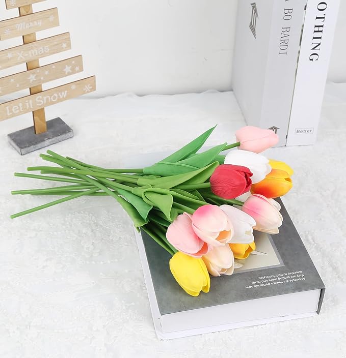 IPOPU 24PCS Real Touch Tulips Artificial Flowers for Decoration Fake Tulips Fake Flowers Floral Arrangements Artificial Faux Tulips Decor for Table Home Decor Baby Shower Centerpieces (Multi)