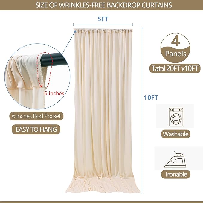 20x10ft Wrinkle Free Cream Backdrop Curtain for Parties Soft Fabric Drapes Wedding Curtain Backdrop for Birthday Party Decorations Background for Photography 5x10ft,4 Panels