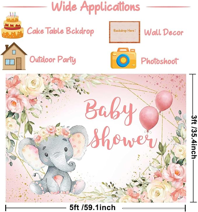 Elephant Baby Shower Backdrop for Girl Blush Pink Floral It's A Girl Baby Shower Party Decoration Photography Background A Sweet Little Peanut Banner Photoshoot Supplies 5x3ft