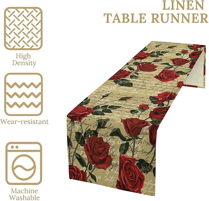 Red Rose Print Table Runner, Vintage Rose Spring Summer Seasonal Romantic Valentines Dinner Runner Table Decoration for Home Kitchen Dining Holiday Wedding Party 13x120in