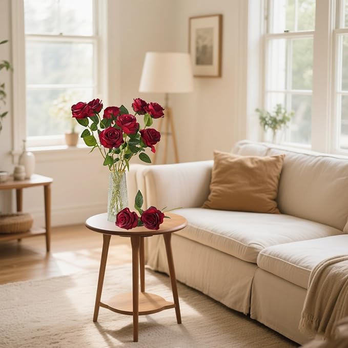 Laelfe 12 PCS Artificial Flowers Roses Silk Flowers Fake Long Stem Artificial Roses for Home Wedding Bathroom Kitchen Decorations (Gradient Burgundy)
