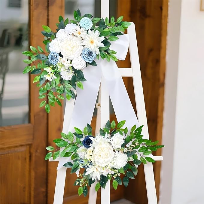 Artificial Wedding Arch Flowers (Pack of 2), White Wedding Flowers for Wedding Welcome Ceremony Sign, Faux Floral Swags, Banquet and Reception Backdrop Floral Decoration (White & Blue)