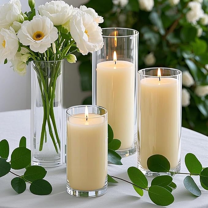 72 PCS Ivory White Pillar Candles with Glass Candle Holders Clear Hurricane Candle Holders Glass Cylinder Vases for Centerpieces Wedding Party, Event, Home Office (36 Candles+36 Candle Hoders)