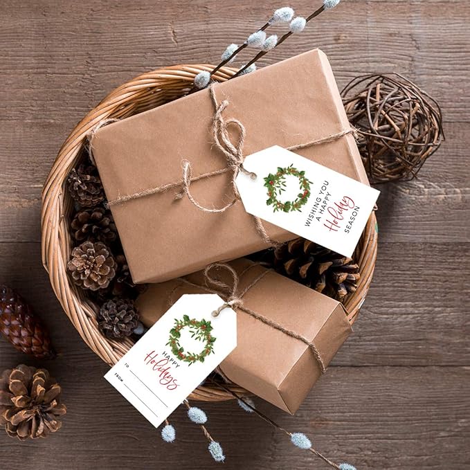 Andaz Press Christmas Holiday Season Classic Gift Tags, Happy Holidays to from and Wishing You A Happy Holiday Season, Christmas Wreath with Berries Design, Holiday Events, Parties, Favors, 60-Pack