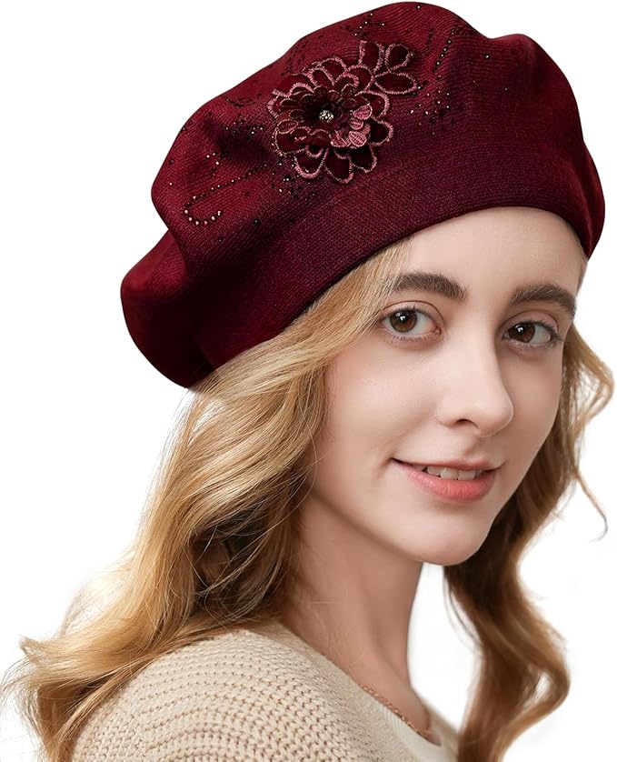 Flower Embroidery Beret Hat for Women, French Style Knitted Beret Hats, Stylish Solid Color Beret Cap for Women Girls Lady