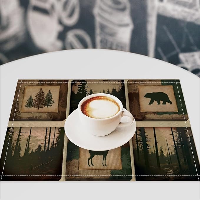 Rustic Lodge Bear Deer Placemats Set of 6, Vintage Cabin Pine Cone Plaid Place Mats, Heat Resistant Non Slip Cotton Linen Dining Table Mats for Home Kitchen Decor 18x12 Inch