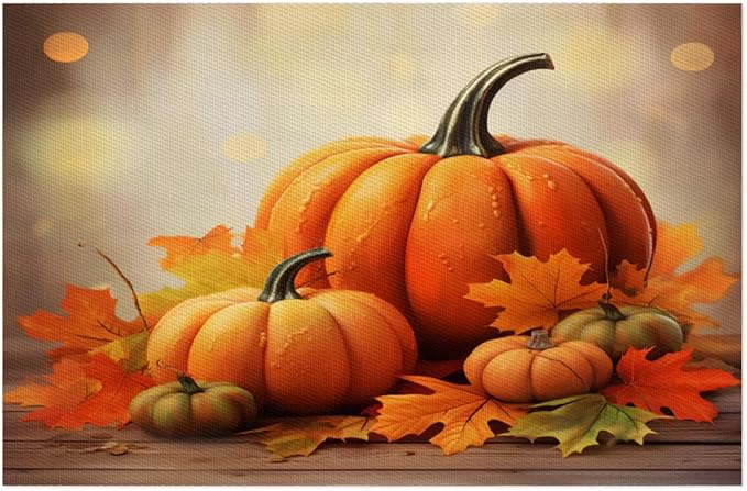 Thanksgiving Fall Pumpkin Placemats Set of 4 PVC Vinyl Non Slip Table Mats Heat Resistant Place Mats Washable Wipeable Dining Table Mat for Kitchen Decor Party Indoor Outdoor Decorative Gift