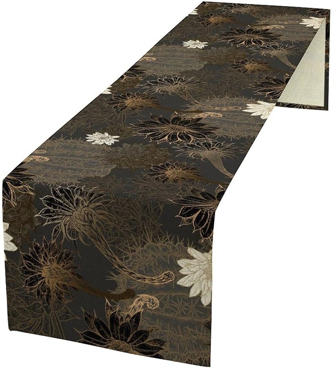 Vintage Floral Table Runner,Black Gold Floral Art Print Table Runner for Home Kitchen Table Dining Indoor Outdoor Party Decor 13x60 Inch