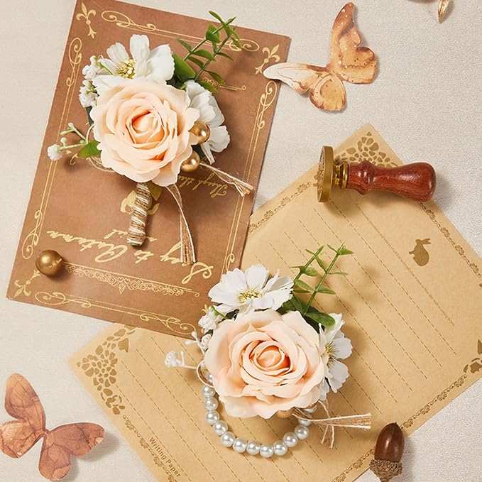 Serwalin Champagne Corsage and Boutonniere Set, Prom Flower Wrist Corsage Bracelets, Homecoming Roses Corsage Wristlet and Men Boutonniere for Wedding Flowers Accessories Prom Suit Decorations