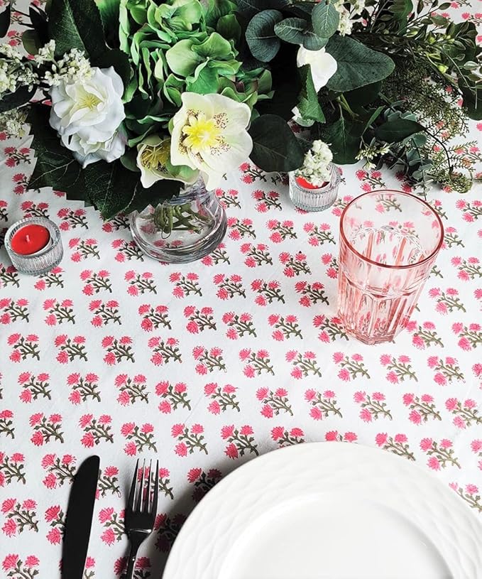 ATOSII Gulbahar White Pink 100% Cotton Fall Rectangle Tablecloth, Hand Block Print Washable Table Cover, Christmas Parties Buffet Dining, Weddings, Thanksgiving, Halloween, 60 X 90 Inches, 6 Seater